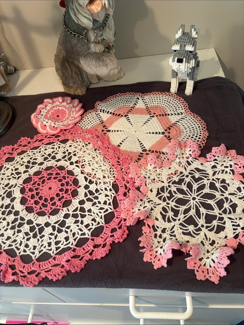 Handmade vintage Crochet Doily Set in Pink and Cream